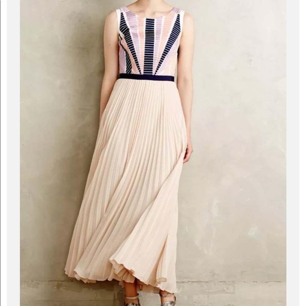 Anthropologie Blush Pleated Maxi Dress with Navy and Pink Accents